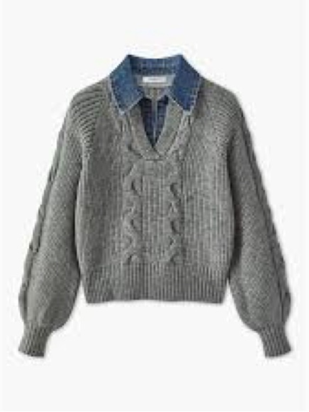 Commense Grey Cable-Knit V-Neck Sweater with Denim Collar
